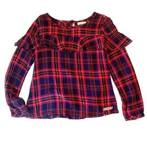 Hudson Jeans Red & Navy Plaid Tunic Ruffled Top